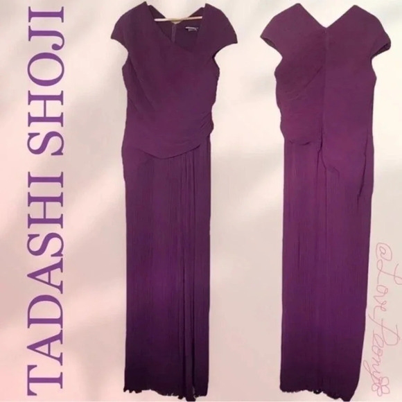 TADASHI SHOJI Pleated Chiffon Gown in Purple Size 16 - Picture 4 of 8
